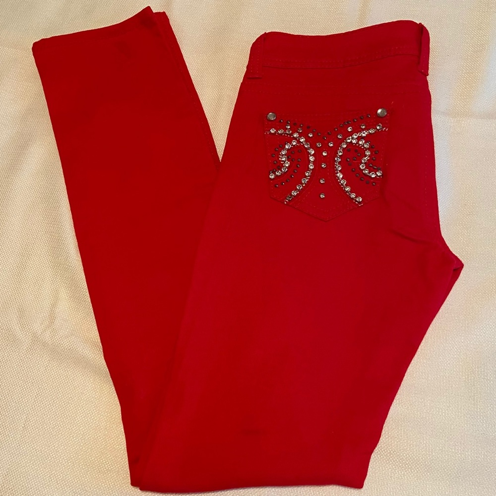 Red Denim Jeans Rhinestone Pant